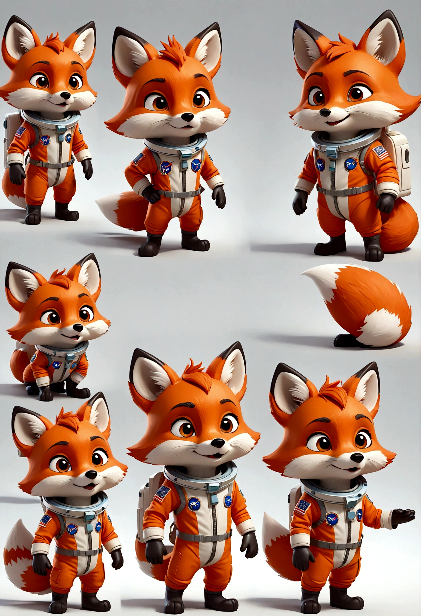 cute anthropomorphic little fox character, Astronaut outfit, multiple poses and expressions, 4 poses, full body, children's book illustration style, simple, cute, artist, full color, 3d model, light and shadow, suit clothes, flat color, white background