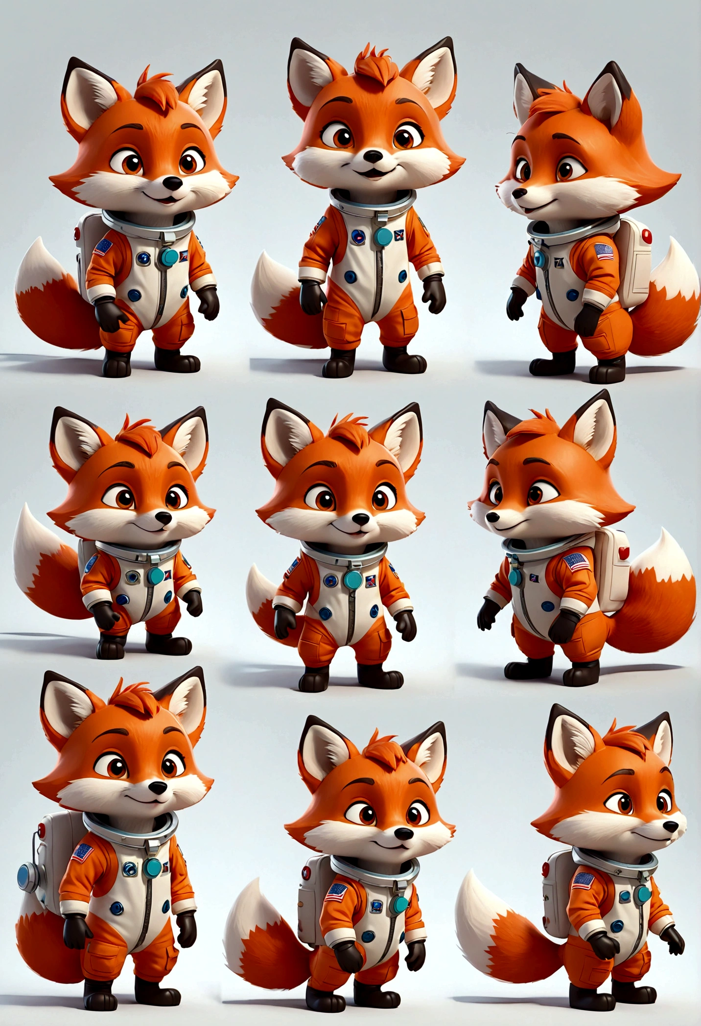 cute anthropomorphic little fox character, Astronaut outfit, multiple poses and expressions, 4 poses, full body, children's book illustration style, simple, cute, artist, full color, 3d model, light and shadow, suit clothes, flat color, white background