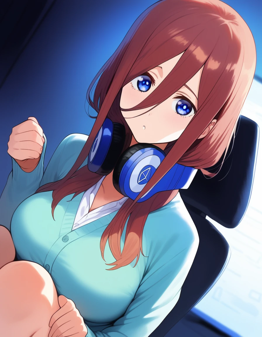 (A girl lounging in her bedroom), (a PC monitor turned on, a gaming chair), (a cluttered room), (fetal position), (perfect face), Sparkling, (masterpiece, best quality), (absurdres absolutely resolution), (8k), (detailed illustration), (super fine illustration), (professional lighting), (vivid color), detailed beatiful face, detailed beatiful eyes, detailed beatiful hair, perfect body, perfect hands, dynamic pose, dutch angle}, , looking at viewer, miku nakano, long hair, bangs, blue eyes, brown hair, shirt, hair between eyes, cardigan, headphones around neck, mature female, medium breasts