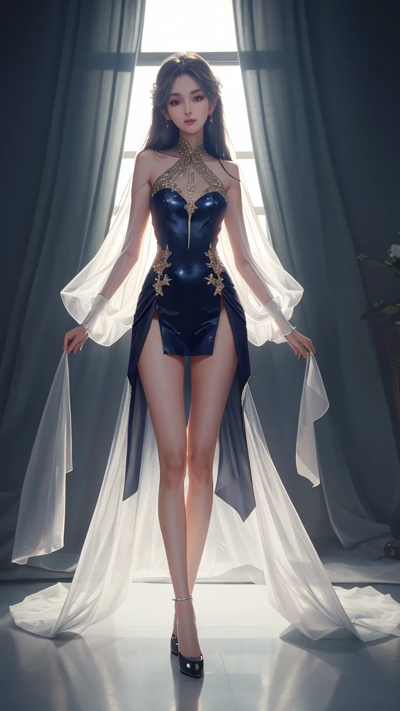 (The legs are very thin and straight),(Very long legs,Straight Legs),High heel,Long legs,stand up,Leg length from the front,Perfect body,Have perfect legs,(Exterior),((whole body)),Clear face,Pretty face,8K,masterpiece,original photo,Best quality,detail:1.2,Reality,detail,Very detailed ED,CG,Unite,wallpaper,Depth of Field,illumination,lens flare,Ray Tracing,(Very beautiful face,Beautiful lips,beautiful eyes),complex,Detailed face,1 Girl,(very slim body:1.3),