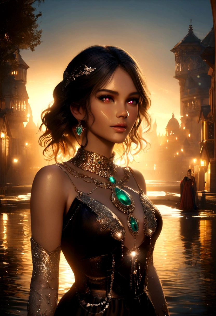 A Indian couple standing in river, realistic face, golden hour, ultra-realistic 8k CG, perfect artwork, upper body, full face, soft lips, human face, shiny hair, glowing eyes, shiny skin, realistic, 3d face, looking at the audience, seductive, gorgeous, luxury, jewelry, gemstones, gold, silver, diamonds, glitter, sapphire, Ruby, emerald, pearl, amber, obsidian,