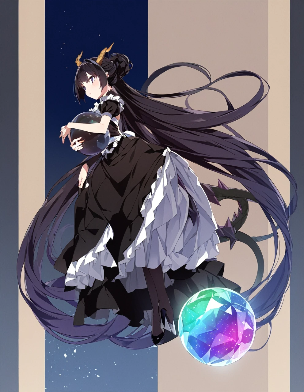 A woman in a black maid outfit black hair very long hair、Updo Have a big crystal ball Princess hairstyle Full body black Adult woman with dragon horns and tail black hair
