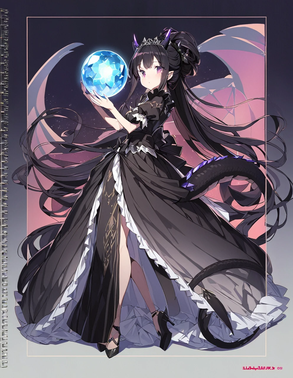 A woman in a black maid outfit black hair very long hair、Updo Have a big crystal ball Princess hairstyle Full body black Adult woman with dragon horns and tail black hair