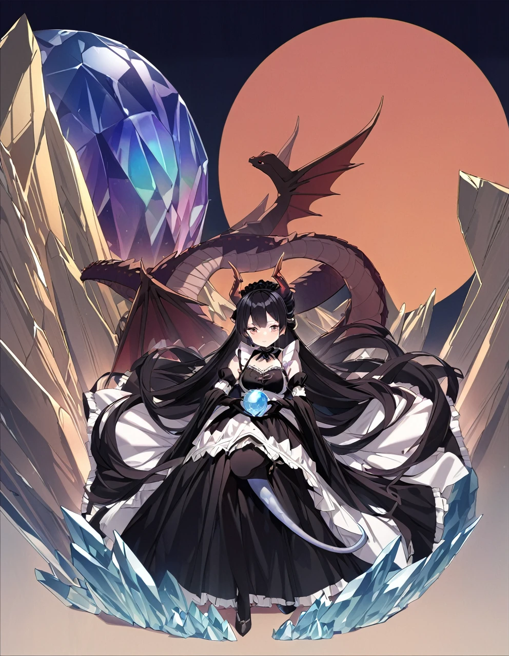 A woman in a black maid outfit black hair very long hair、Updo Have a big crystal ball Princess hairstyle Full body black Adult woman with dragon horns and tail black hair