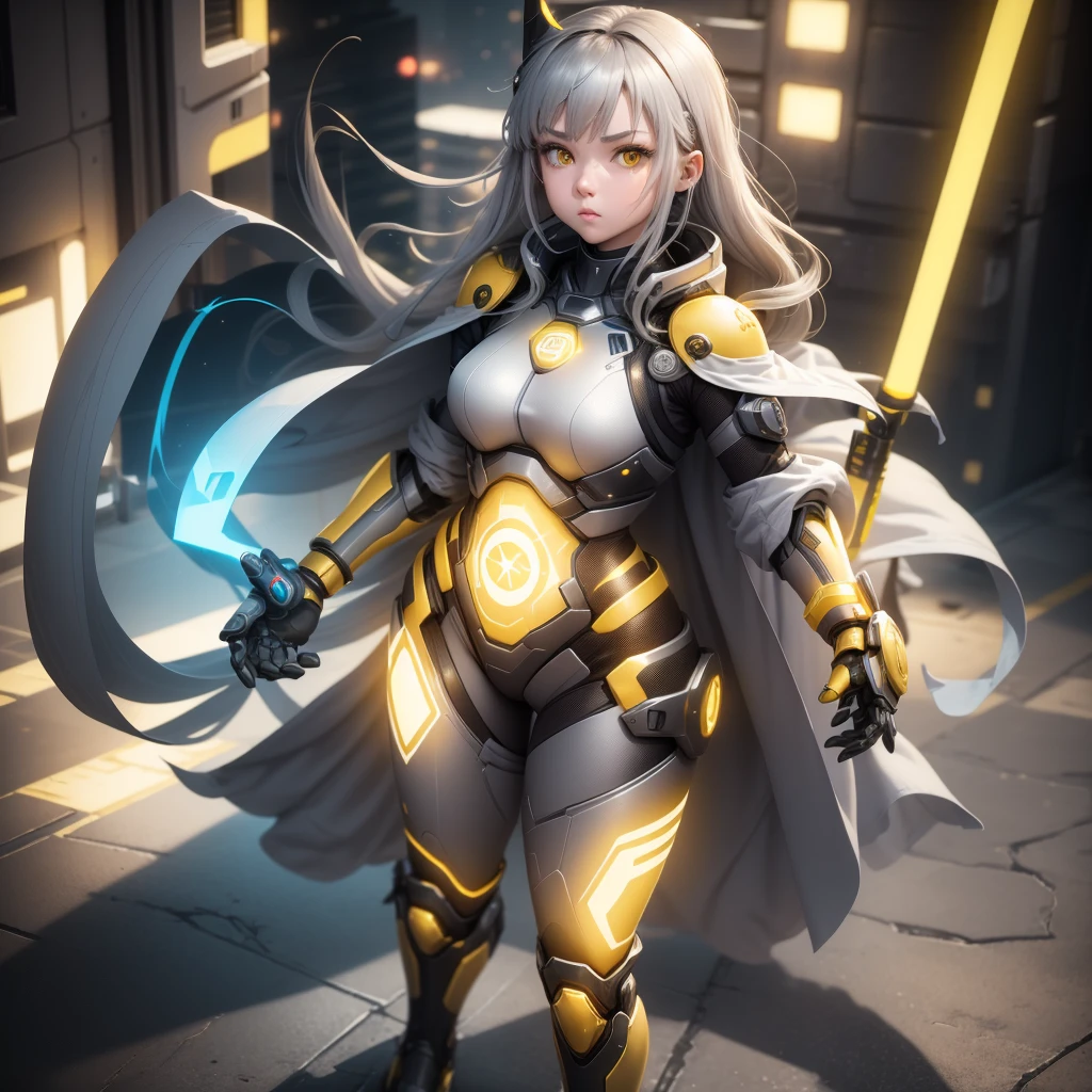 1girl, Female robot, superheroine, android girl, teenager, with a gray with yellow accents full body robotic metal armor, with a yellow cape, a yellow shinning decal in the chest, gray metal gloves and gray armored boots, and a metallic, long beam saber, pale skin, shinning yellow eyes, gray short shoulder length hair, wide hips, thick thighs, narrow waist, standing on the rooftop in the over a futuristic city at night ((only one character))