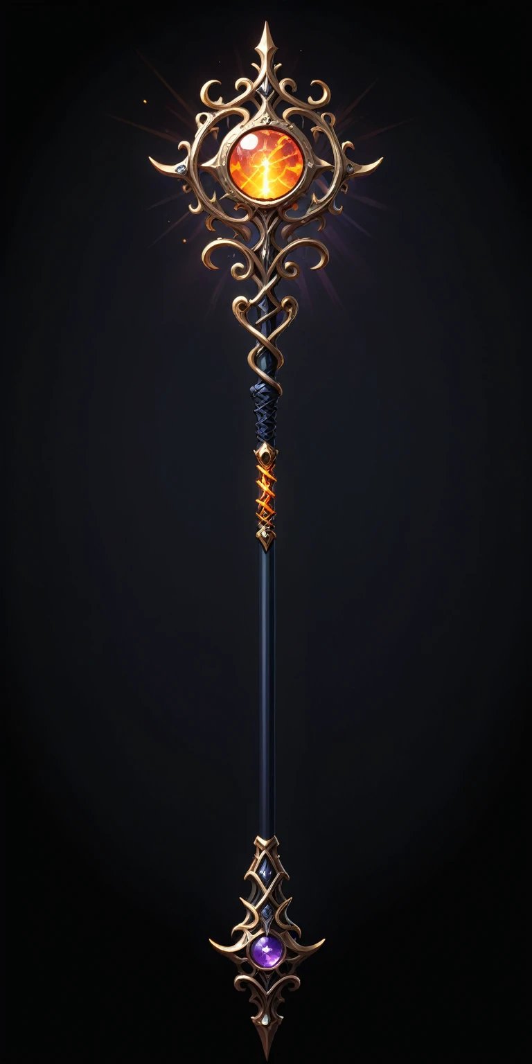 pixel art, cartoon illustration, Divine glavie greatstaff, Powerfull Magical theme, simple black background, RPG game icon
