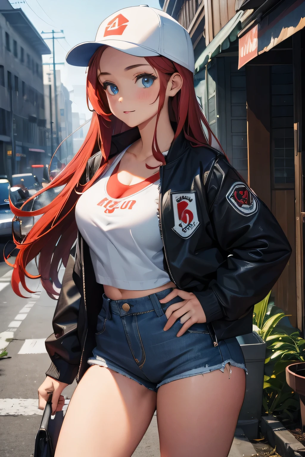 1 girl, single girl, cute, long red hair, light blue eyes, big breasts, big hips, short shorts, white blouse, black jacket, sports cap, post apocalyptic, dirty clothes
