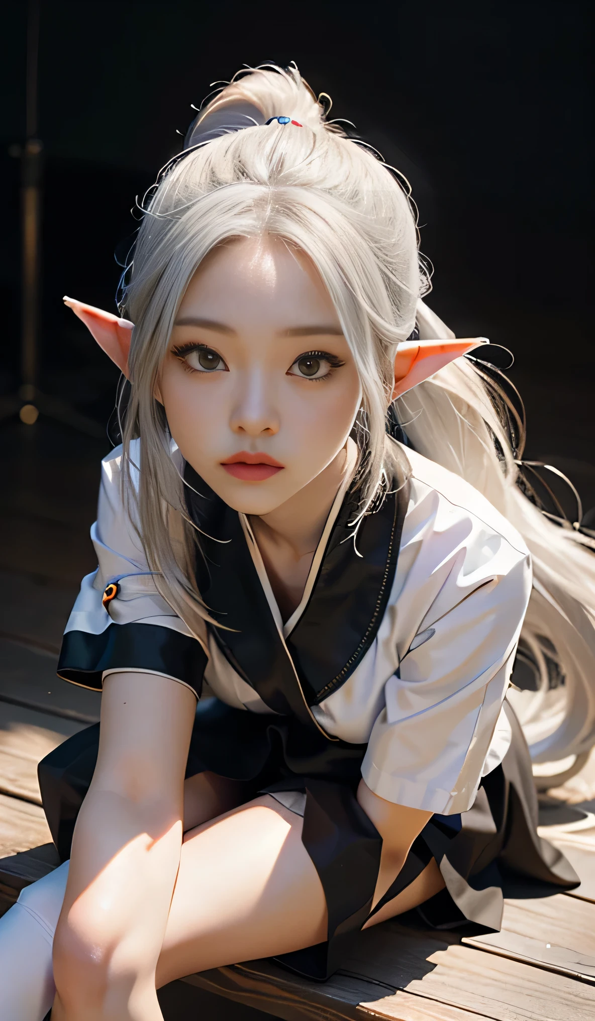 (Extremely normal body:2.0)Japanese Style Town:1 Elf Beauty,JK ,(Elf long ears),Short silvery white hair,Half tied ponytail。High school girl uniform),Checkered short skirt,Stretch your legs,Black short stockings,Black socks, Black socks,Translucent black socks,jade feet,Sole,Normal feet , Highly detailed eyes and face, Sharp pupils, Realistic students, Get into sharp focus, Cinema Lighting,Full Body Lesbian,Big Breasts,Long legs,from the front,Dynamic Pose,Normal posture,Face close-up