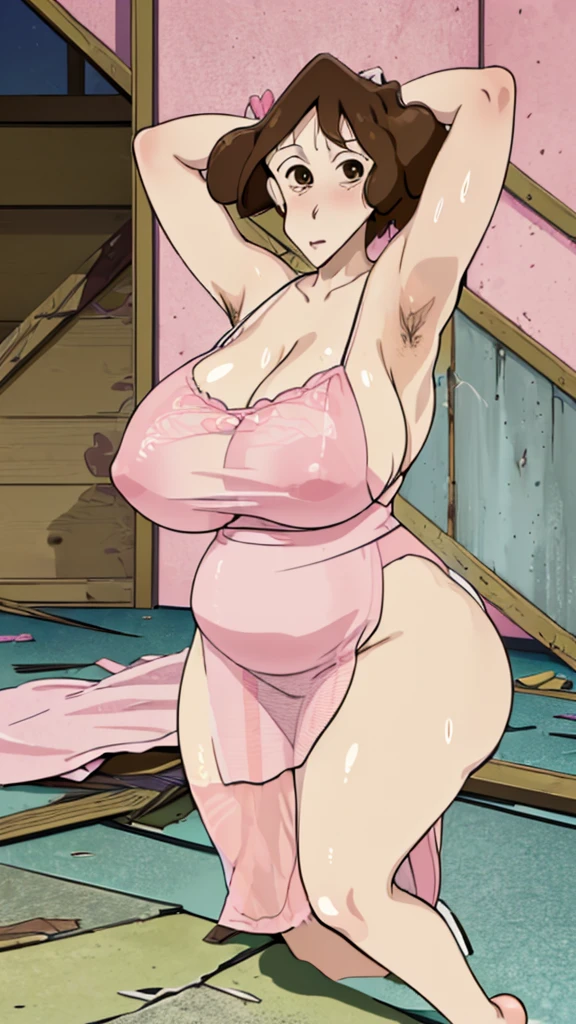 Misae Nohara,(Mature Woman:1.8),(Absurd, 8k, 4K, Tabletop, Extremely detailed:1.2), highest quality, Perfect Anatomy,Perfect Face,Look forward,High humidity,(Sweaty:1.3),(Huge breasts:1.7),(Pink sheer nightgown:1.5),(Wet:1.4),Sitting on the floor,(In an abandoned house:1.5),(Tattered walls:1.3),(Dirty floor:1.3),(alone:1.5),blush,shameずかしい,shame,(Brown eyes:1.2),anxiety,(Clothing is revealing:1.2),Exposed shoulders,Torn clothes, Are pregnant, Firm breasts, Upturned nipples, Showing cleavage, Mole on chest, (Thick armpit hair:1.4)