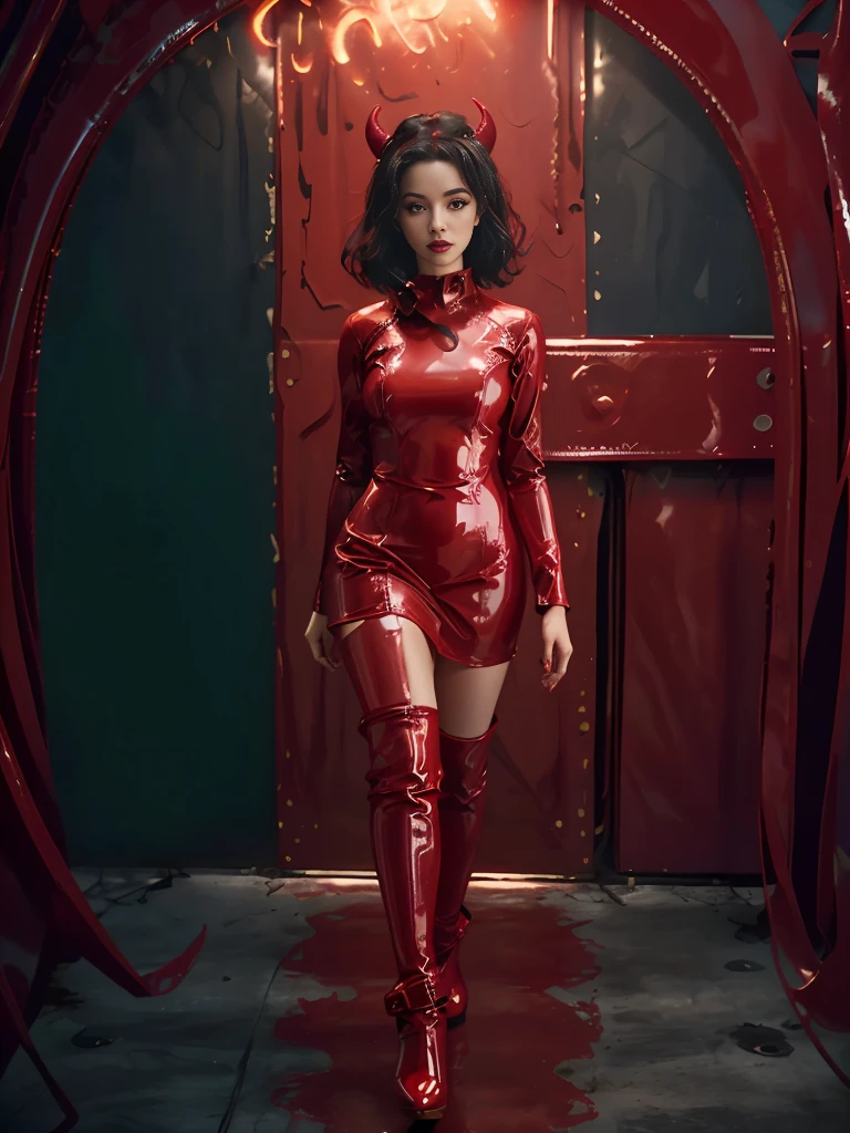 araffe in a red latex outfit walking down a street, un retrato de Eve Ryder, reddit, fantastic realism, latex dress, latex outfits, succubus in short tight dress, latex shiny, al rojo vivo, traje de diablo muy sexy, latex, wearing latex, vestido rojo sexy, rojo metalizado, rubber and latex, todo rojo, vestido sexy, latex domme