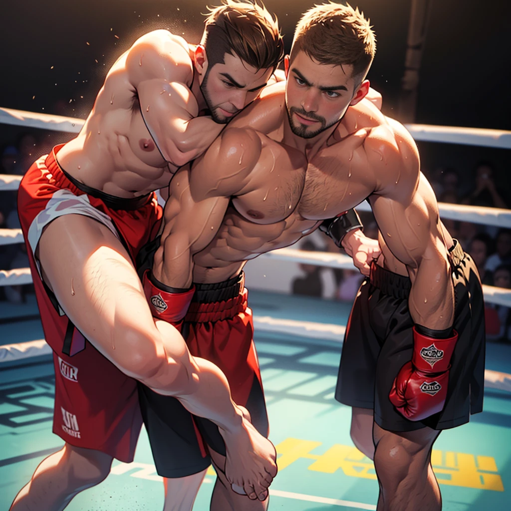 y matddy,stephen amell ,dark blond hair, stubble,beard and sexy moushe ,muscular , best quality, masterpiece, ultra high resolution, Detailed background illustration, single, muscles, Volumetric lighting, depth of field, beard, flow,wearing a boxing short , shirtless showing hard nipples , hue, boxing gloves ,, martial artist, flow sweat, short dark blond hair, perfect eyes, barefoot, Boxing pose in the ring