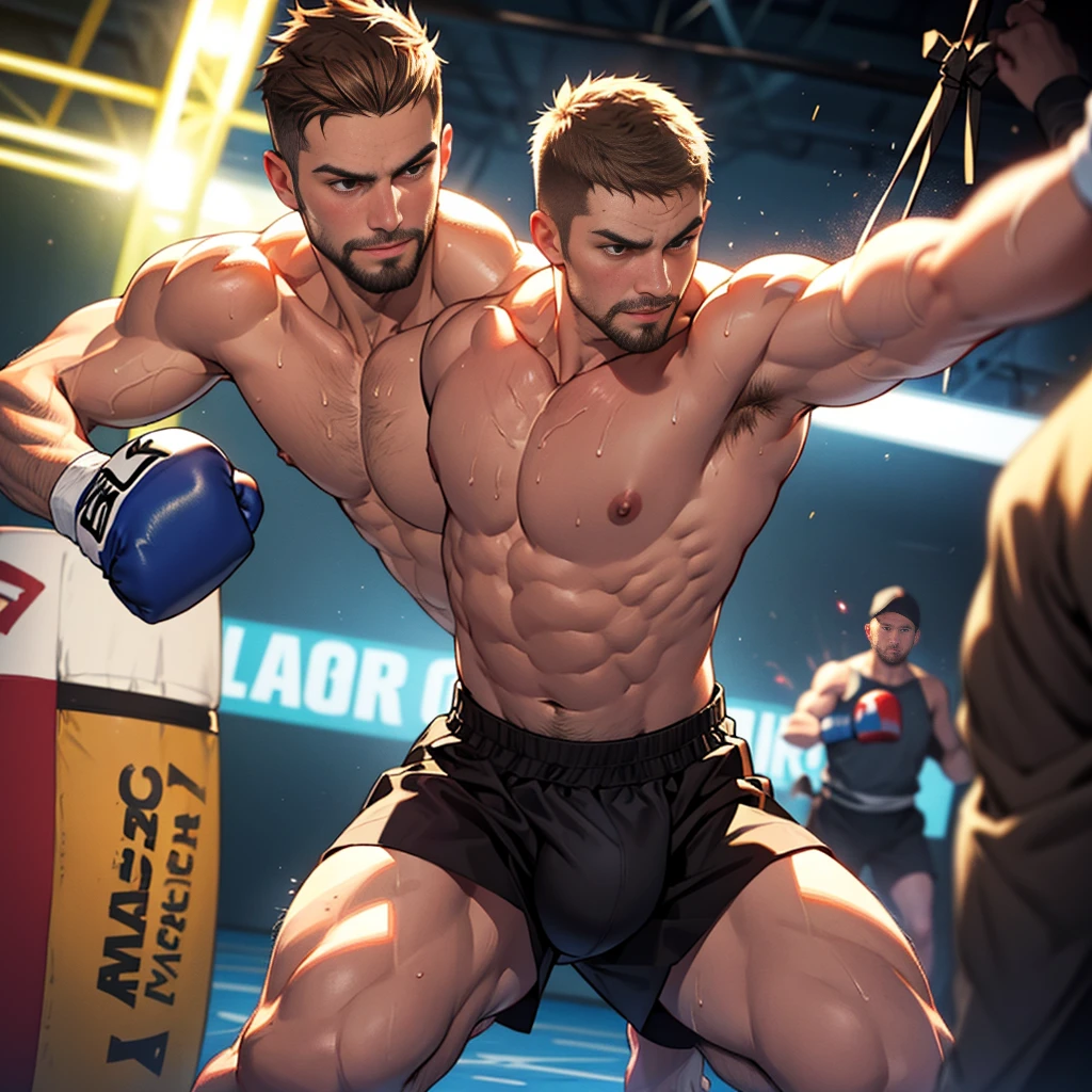 sexy mature daddy,stephen amell  ,dark blond hair, stubble,beard and sexy moustache ,muscular , best quality, masterpiece, ultra high resolution, Detailed background illustration, single,  muscles, Volumetric lighting, depth of field, beard, flow,wearing a boxing short , shirtless showing hard nipples , huge bulge, boxing gloves ,, martial artist, flow sweat, short dark blond hair, perfect eyes, barefoot,  Boxing pose in the ring 
