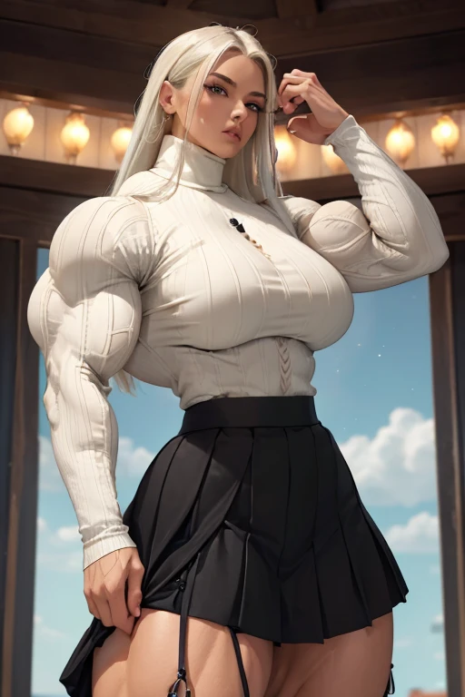 (((((Massive tall, beautiful, buff, light brown skinned muscular woman with white hair, ginormous bulky muscles and wearing a beautiful black long-sleeved turtleneck sweater with a pleated skirt))))), (close view), (massive muscles), long straight hair, ((chained belt)), blue eyes, choker, ((beautiful turtleneck sweater)), (beautiful pleated skirt), belt, black boots, (in the star filled beautiful village), closed smile, night, ginormous muscles