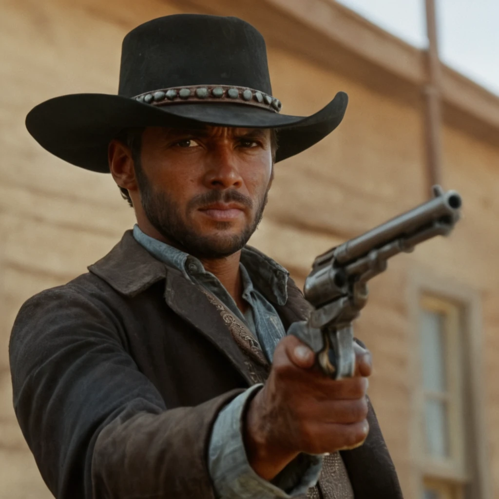 cinematic film still of an African American man in a hat with a prosthetic gun for his arm shooting a man's head, solo, brown hair,1boy, hat, upper body, weapon, male focus, weapon, gun, facial hair, beard, handgun, smoke, realistic, cowboy hat, revolver, gun, handgun, pistol, revolver, wild west, western, red dead redemption style, Colt Single Action revolver handgun, gunslinger, smoke, akimbo, perfect hand grip
 shallow depth of field, vignette, highly detailed, high budget, bokeh, cinemascope, moody, epic, gorgeous, film grain, grainy