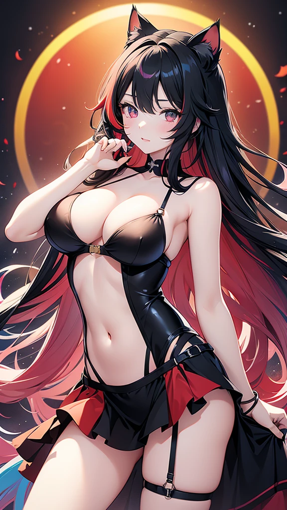 Anime girl
Black long wavy multicolored_hair(rainbow gradient hair)
Red colored eyes
Cute
Sexy girl
Solo girl
1 girl
Beautiful breasts
Wearing cat keyhole lingerie 