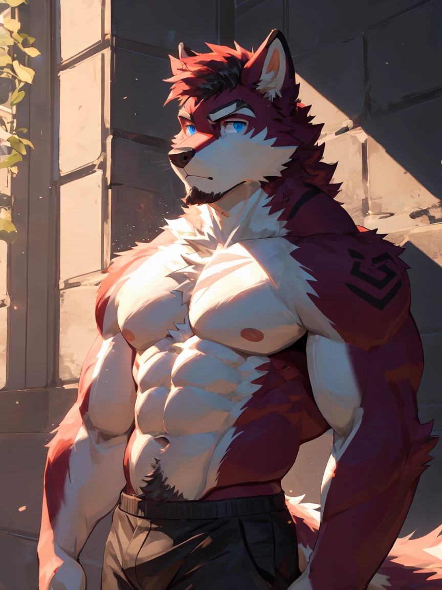 masterpiece, best quality, 8k resolution, Very detailed, hairy,Husky,(Red Hair),(((Red fur))),(((Blue eyes))),Strong,Domineering face,(((Topless 4:1))),(((Eight-pack abs))),(((For the audience))),Highest quality scene,(((Solitary))),solitary,Upright,portrait,Doubtful,((Cherry tree)),((Sunlight)),((Shiny fur)),((Face-to-face)),(((Eyes on me)))