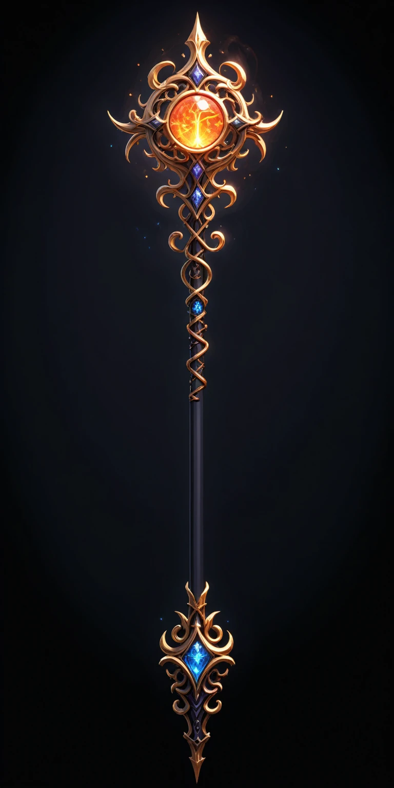 pixel art, cartoon illustration, Divine glavie greatstaff, Powerfull Magical theme, simple black background, RPG game icon