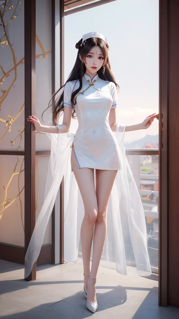 (The legs are very thin and straight),(Very long legs,Straight Legs),High heel,Long legs,stand up,Leg length from the front,Perfect body,Have perfect legs,(Exterior),((whole body)),Clear face,Pretty face,8K,masterpiece,original photo,Best quality,detail:1.2,Reality,detail,Very detailed ED,CG,Unite,wallpaper,Depth of Field,illumination,lens flare,Ray Tracing,(Very beautiful face,Beautiful lips,beautiful eyes),complex,Detailed face,1 Girl,Beautiful Chinese girl,Chinese idol,(very slim body:1.3),Nurse uniform