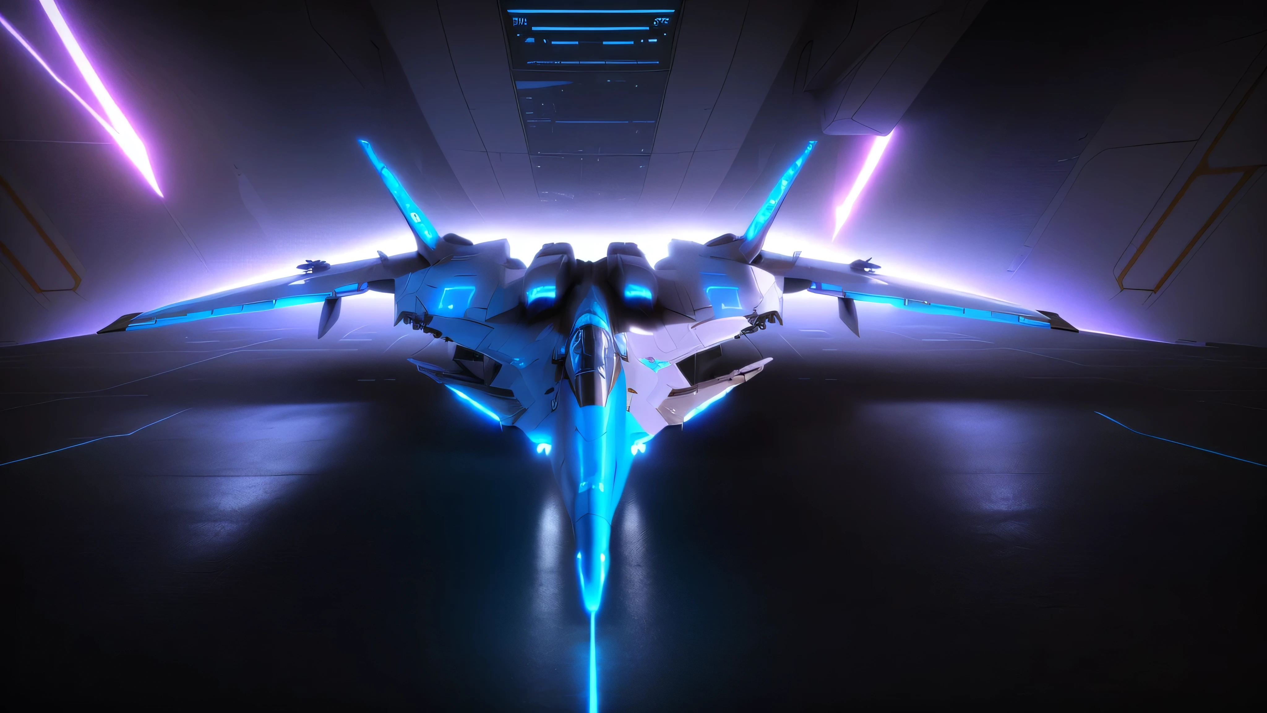 there is a small model of a fighter jet flying in the sky, valkyrie fighter jet, mecha wings, futuristic starship, neofuturistic highly detailed, cyberpunk concept inspired jet, futuristic spaceship, flying scifi vehicle, scifi spaceship, v wing, 5th gen fighter, sleek interceptor profile, 3 d render n - 9, blueshift render, jet fighter, detailed spaceship, (((landed inside an aircraft hangar)))