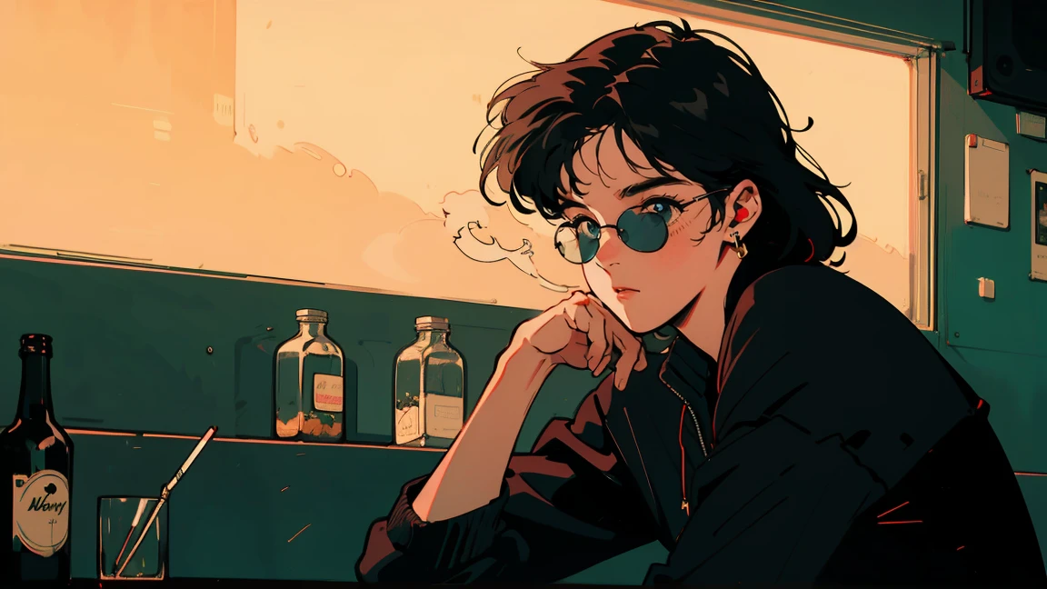 Bar counter at night, Beautiful Asian Girl, Night view from the window, Perfect Face, sunglasses, Smoking white Taylormade cigarettes, Neon Black, (Backlight: 1.1), masterpiece, highest quality, Complex, Model shooting style, Vintage, Film Grain,