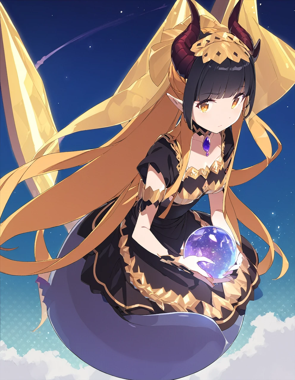 A woman in a black maid outfit black hair very long hair、Updo Have a big crystal ball Princess hairstyle Full body black Adult woman with dragon horns and tail black hair