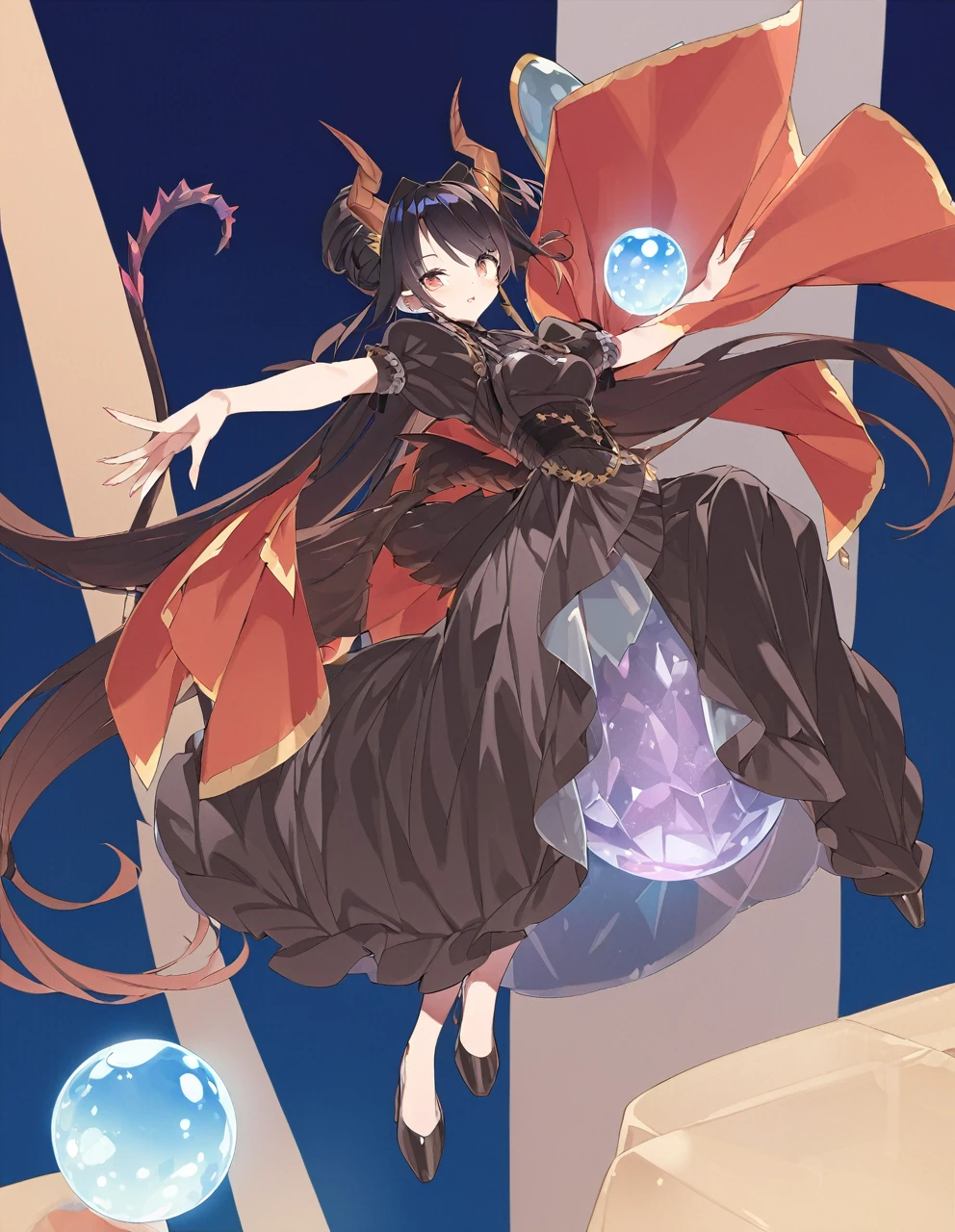 A woman in a black maid outfit black hair very long hair、Updo Have a big crystal ball Princess hairstyle Full body black Adult woman with dragon horns and tail black hair