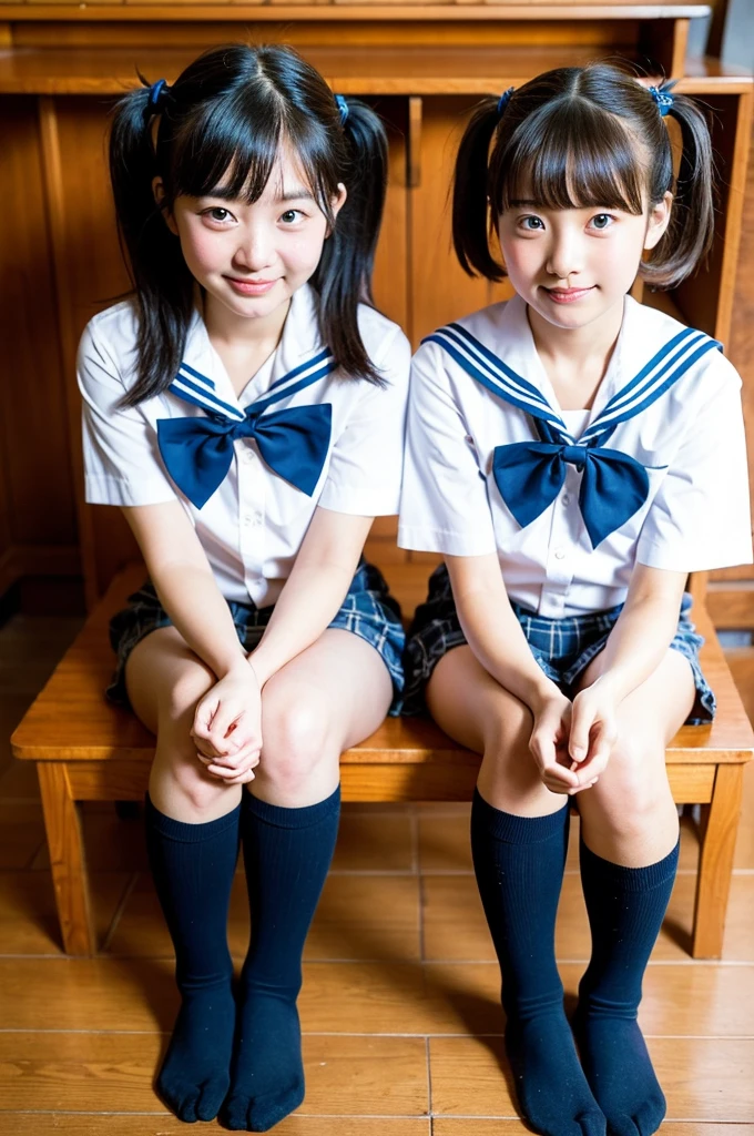 2 girls sitting with knees up on desk in wooden school classroom,white shirt with sailor collar,navy blue thong,navy blue socks,pink plaid bow tie,18-year-old,bangs,a little smile,thighs,knees up,wet short hair with low pigtails,from before,front light