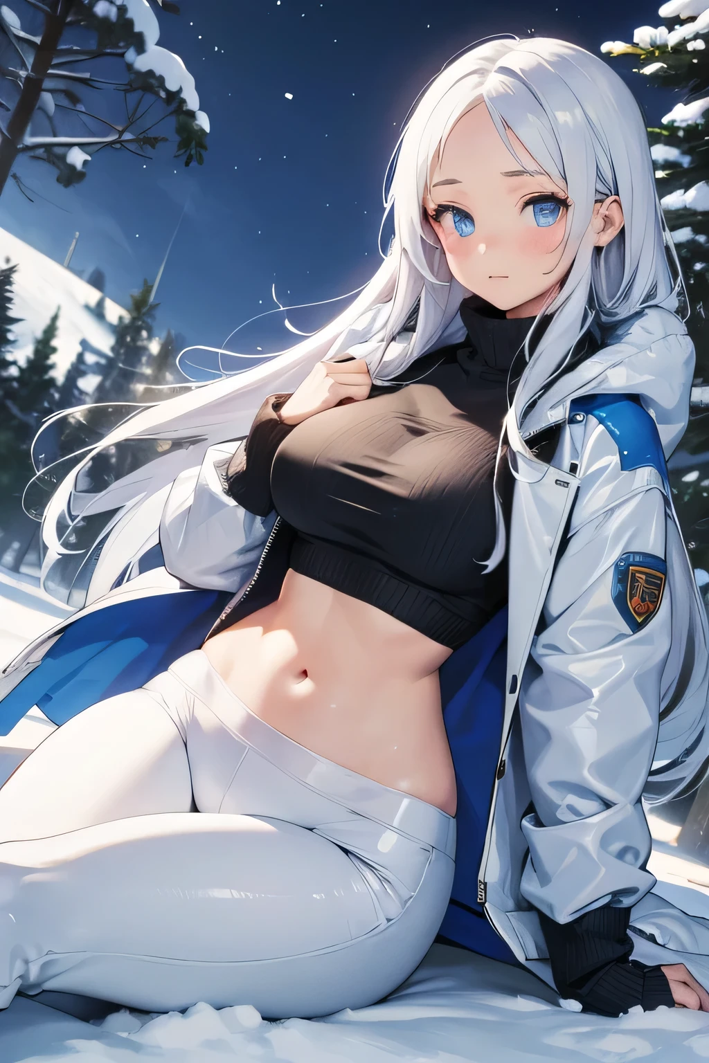 1 girl, single girl, cute, long white hair, light blue eyes, big breasts, big hips, cold jacket, fluffy winter jacket, fluffy turtleneck sweater, blue winter pants, in a forest with snow, snowy, snow