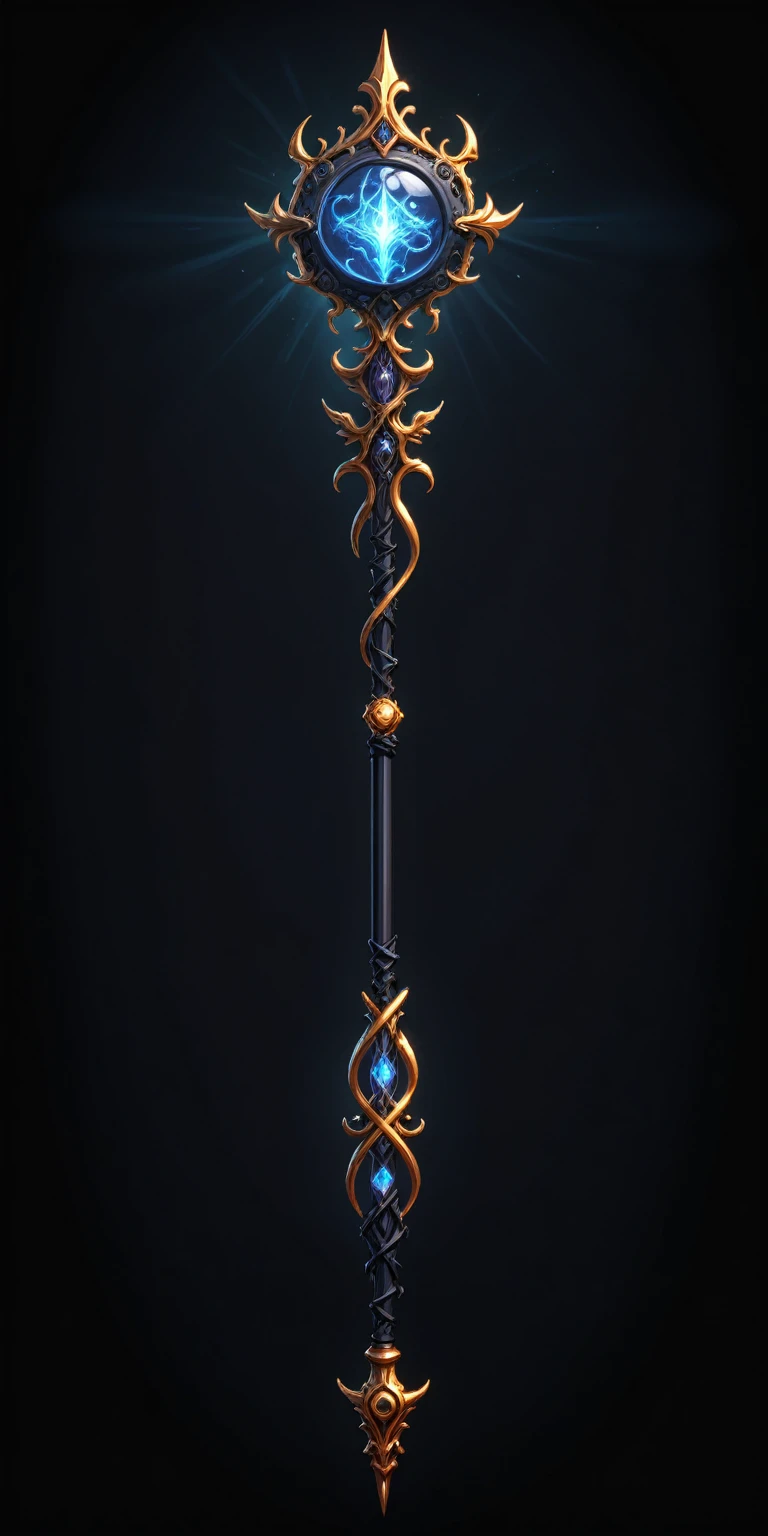 pixel art, cartoon illustration, Divine glavie greatstaff, Powerfull Magical theme, simple black background, RPG game icon
