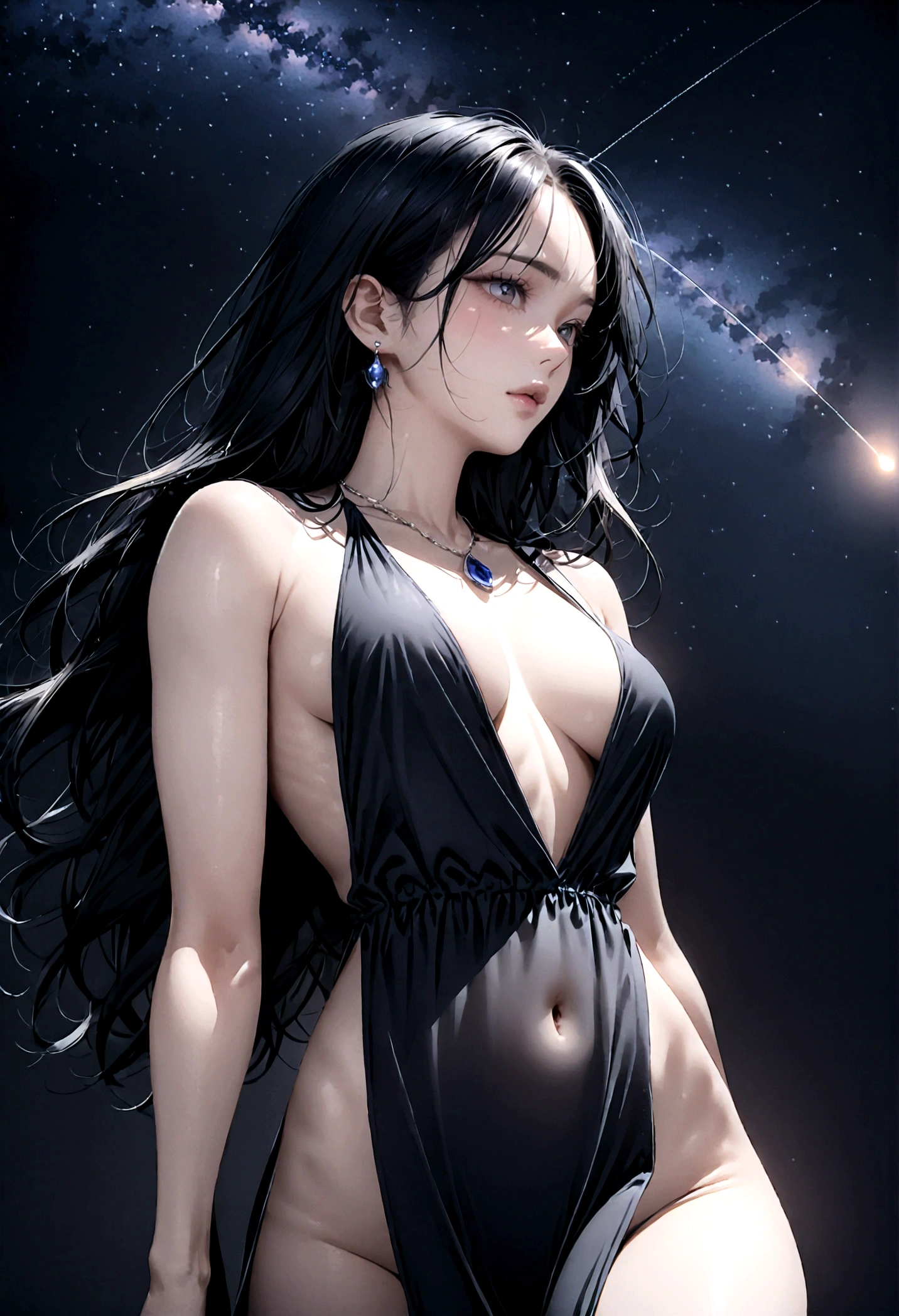 8k, masterpiece, RAW Photos, highest quality, Realistic, Very detailed, Depth of written boundary, Cinematic Light, Anatomically correct body,
An elegant beautiful mature woman, Very beautiful face, Exquisitely detailed face, (Goddess-like deity々Beautiful:1.4), Very sensitive skin, Transparent muscle, Shiny white skin, Glamorous Body,
(Wavy black long hair:1.2), Sexy Breasts, Sexy ass,
(High Slit Long Dress:1.4), (Bold and revealing design:1.2), (Detailed cloth texture:1.2), (Gorgeous necklace:1.1), (Gorgeous earrings:1.1),
(Dark starry background:1.4), (Milky Way:1.1), (milky way:1.1), (shooting star:1.1), (Dark coastline at night:1.4), (Pitch black sea surface:1.4),
(Low angle shot:1.8),