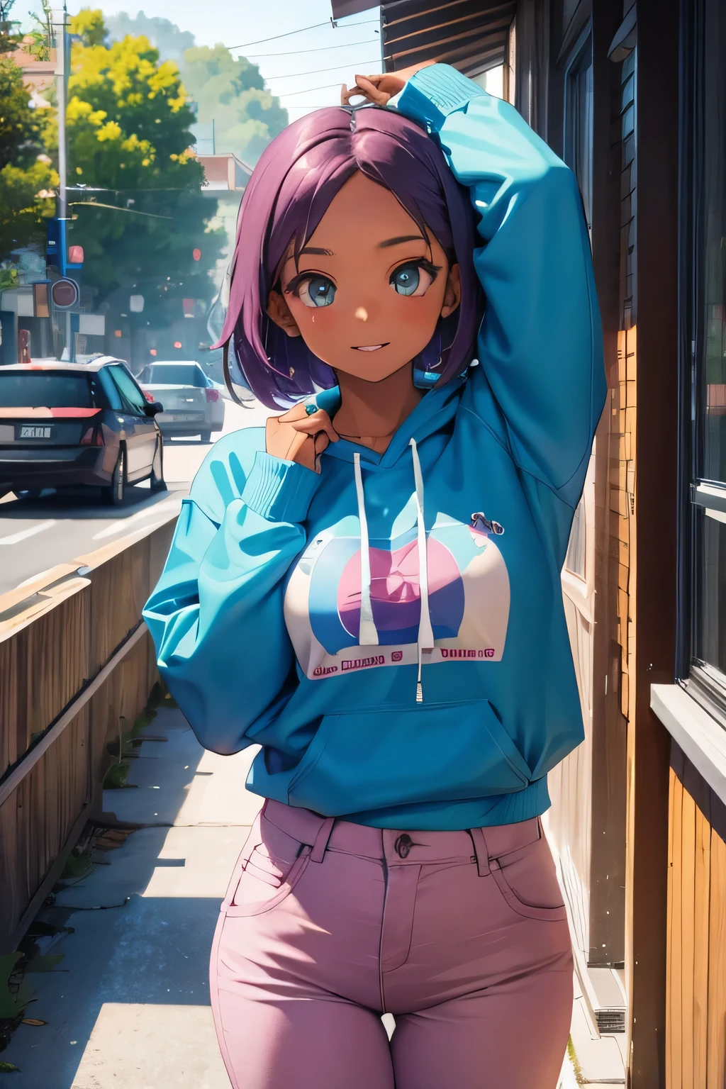 1 girl, single girl, cute, dark skin, tanned skin, short purple hair, green eyes, chubby, big breasts, pink sweatshirt, blue pants, in college, high school class