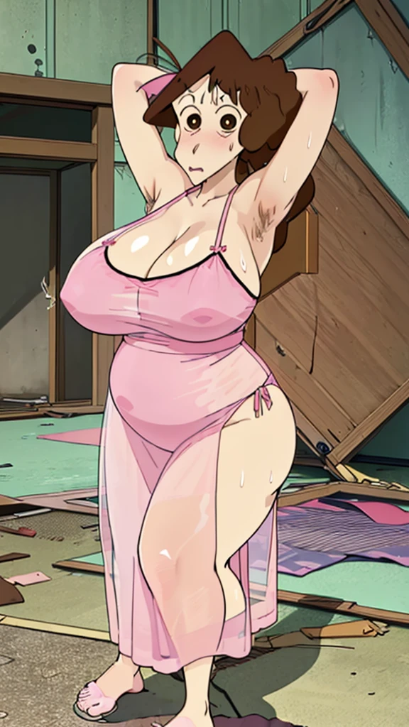 Misae Nohara,(Mature Woman:1.8),(Absurd, 8k, 4K, Tabletop, Extremely detailed:1.2), highest quality, Perfect Anatomy,Perfect Face,Look forward,High humidity,(Sweaty:1.3),(Huge breasts:1.7),(Pink sheer nightgown:1.5),(Wet:1.4),Sitting on the floor,(In an abandoned house:1.5),(Tattered walls:1.3),(Dirty floor:1.3),(alone:1.5),blush,shameずかしい,shame,(Brown eyes:1.2),anxiety,(Clothing is revealing:1.2),Exposed shoulders,Torn clothes, Are pregnant, Firm breasts, Upturned nipples, Showing cleavage, Mole on chest, (Thick armpit hair:1.4)