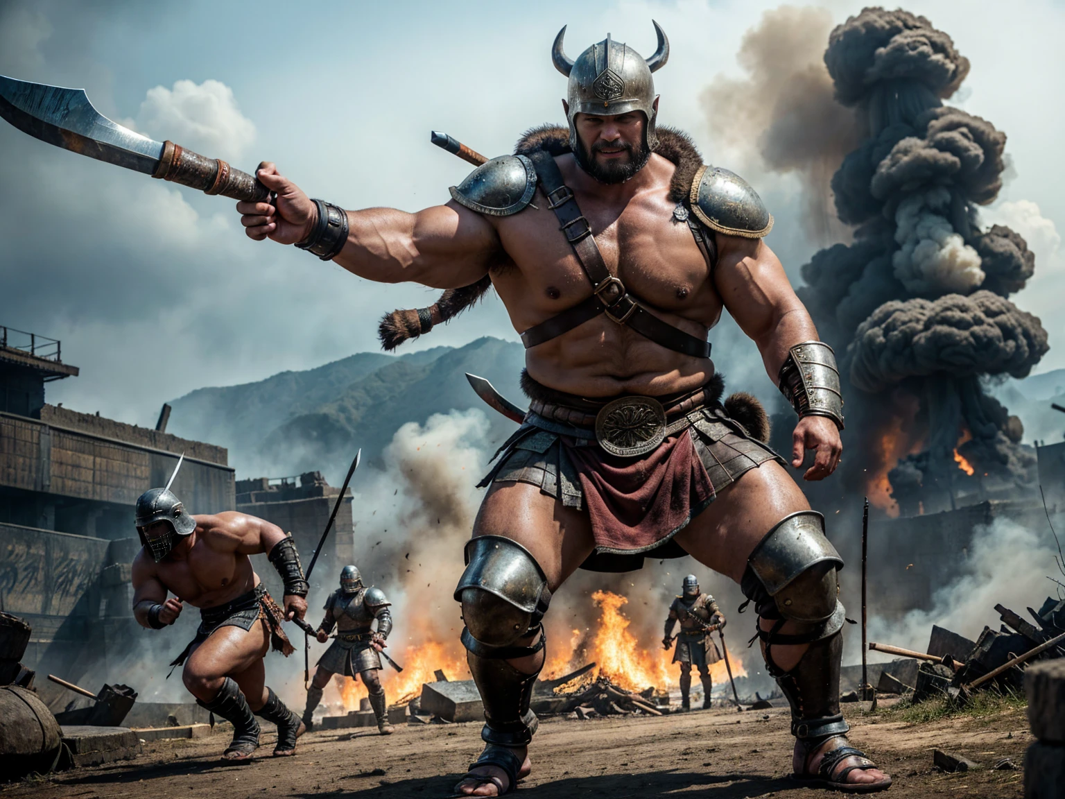 looking at us, Staring Intently, face focus, Bandit, Fat ferocious barbarian:2, This barbarian is a robust stocky Japanese, smirking, mid combat, intense battle scene, leather and iron armor, armored short skirt, holding a Viking War Axes, viking helmet, legs exposed from thighs to feet, fierce warriors, ancient battlefields, epic showdown, battleground background, masterpiece, volumetric lighting, Dramatic, Uighur the Warden, breathtaking action, dynamic poses, bald, ((ultra sharp)), ((masterpiece)), ((best quality)), ((ultra detailed)), ((intricate details)), Inguinal region detailed, Dilapidated, breathtaking action, destroyed city after big air raids, fire, smoke, A brutal scene, lets out a yell, extremely intricate details, ominous landscape,