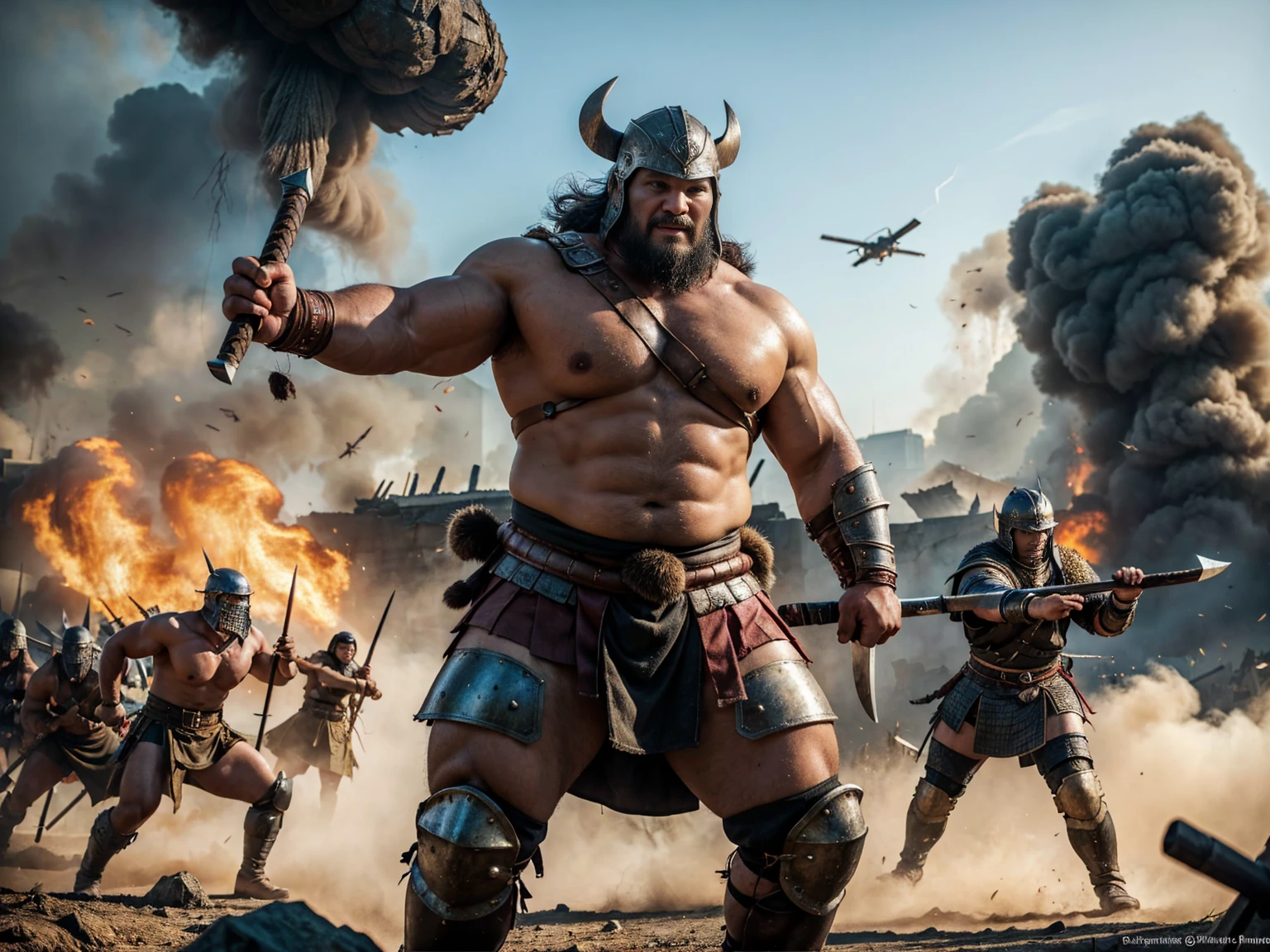 looking at us, Staring Intently, face focus, Bandit, Fat ferocious barbarian:2, This barbarian is a robust stocky Japanese, smirking, mid combat, intense battle scene, leather and iron armor, armored short skirt, holding a Viking War Axes, viking helmet, legs exposed from thighs to feet, fierce warriors, ancient battlefields, epic showdown, battleground background, masterpiece, volumetric lighting, Dramatic, Uighur the Warden, breathtaking action, dynamic poses, bald, ((ultra sharp)), ((masterpiece)), ((best quality)), ((ultra detailed)), ((intricate details)), Inguinal region detailed, Dilapidated, breathtaking action, destroyed city after big air raids, fire, smoke, A brutal scene, lets out a yell, extremely intricate details, ominous landscape,  