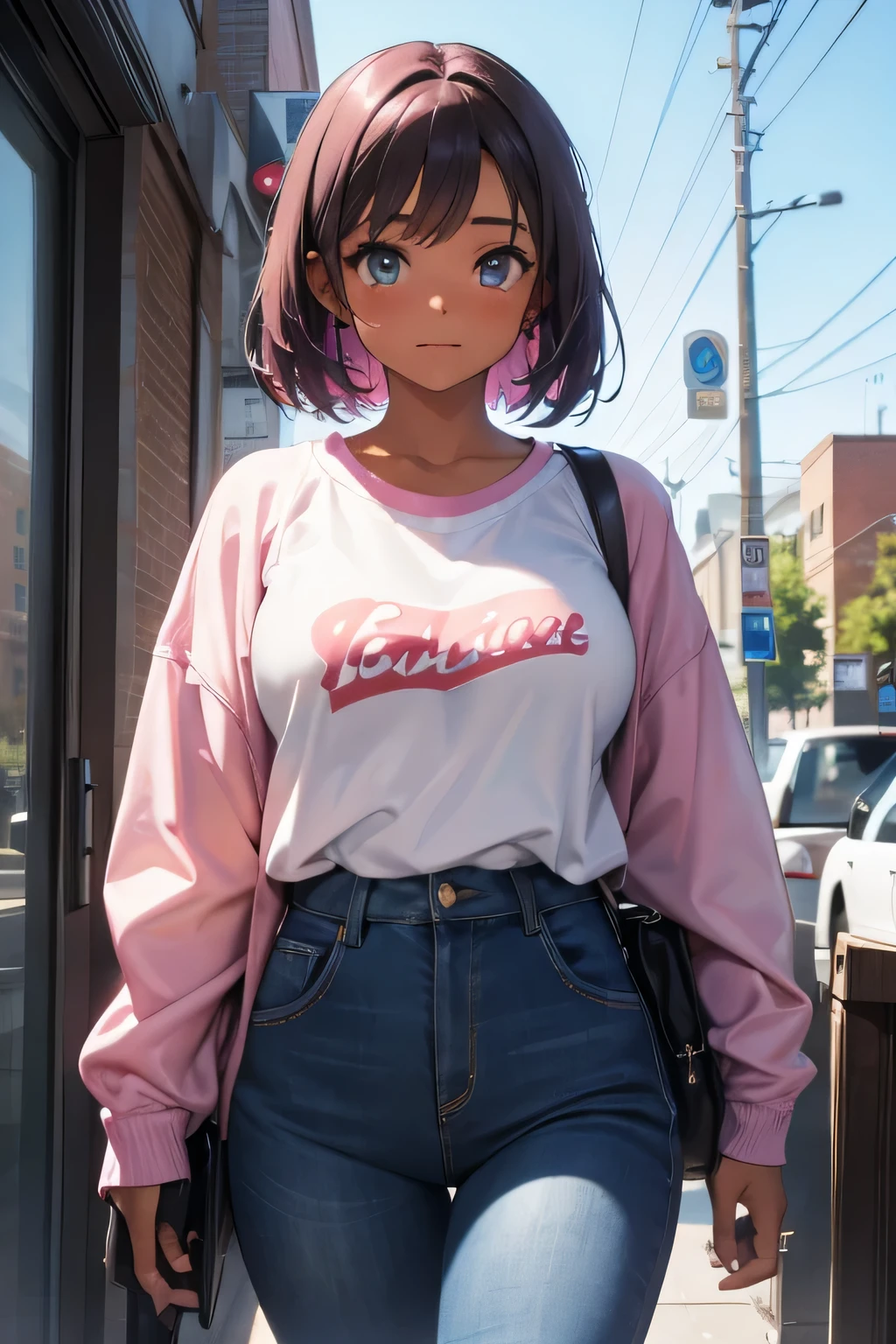1 girl, single girl, cute, dark skin, tanned skin, short purple hair, green eyes, chubby, big breasts, pink sweatshirt, blue pants, in college, high school class