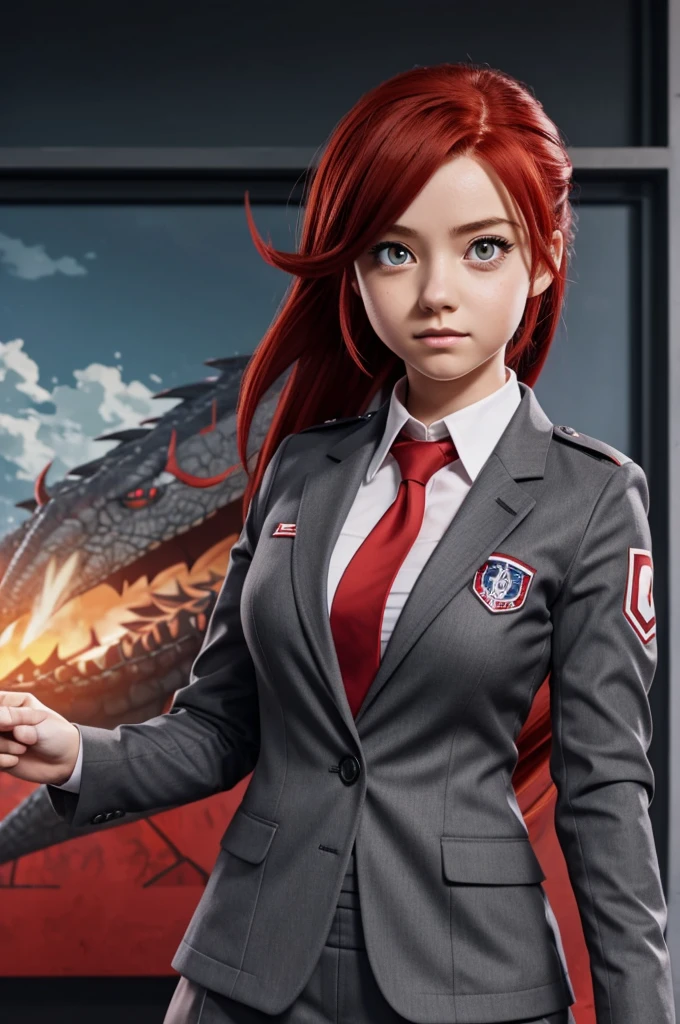 Animated girl from boku no hero academia red hair big eyes with a dragon behind ua uniform gray jacket red tie
