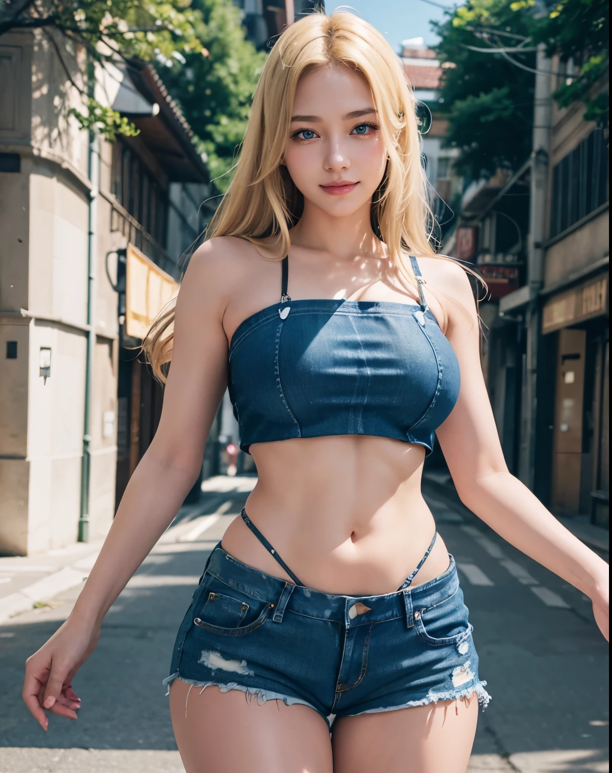 1girl, Blue eyes, (smile :1.1), (wide hips ), Big tits , (big ass), (Best Quality, 8k, Masterpiece: 1.3), perfect hands, Clear Focus: 1.2, Perfect Body Beauty: 1.4, strong abs, Highly detailed face and skin texture, detailed eyes, double eyelids, (shiny skin :1.2), (blonde long hair :1.2), (black cotton tubetop :1.3), (denim shorts), (standing), dynamic pose, on a busy street
