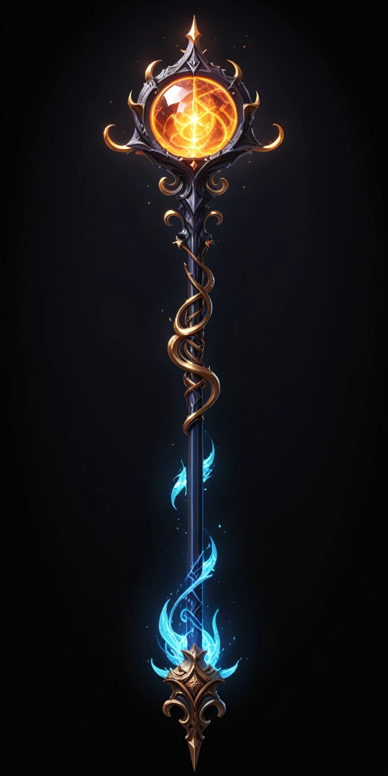pixel art, cartoon illustration, Divine glavie greatstaff, Powerfull Magical theme, simple black background, RPG game icon