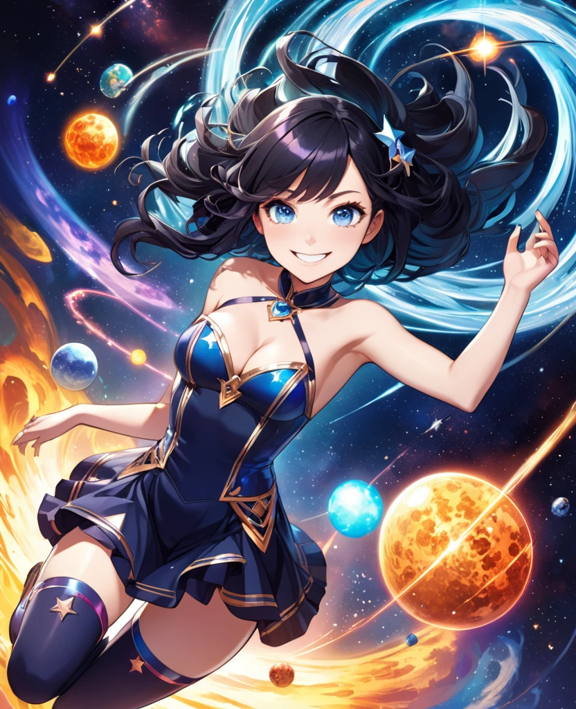 detailed illustration, dynamic angle, ultra-detailed, illustration, 1girl, 18, cosmic, stars, space, magic, Magic Girl, dark blue outfit, bright eyes, blue eyes, detailed eyes, smiling, winking, mischievous, smirk, cleavage, medium breasts, thighs, shoulders, long black hair