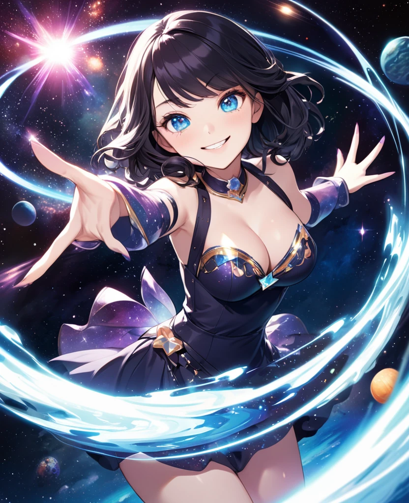 detailed illustration, dynamic angle, ultra-detailed, illustration, 1girl, 18, cosmic, stars, space, magic, Magic Girl, dark blue outfit, bright eyes, blue eyes, detailed eyes, smiling, winking, mischievous, smirk, cleavage, medium breasts, thighs, shoulders, long black hair