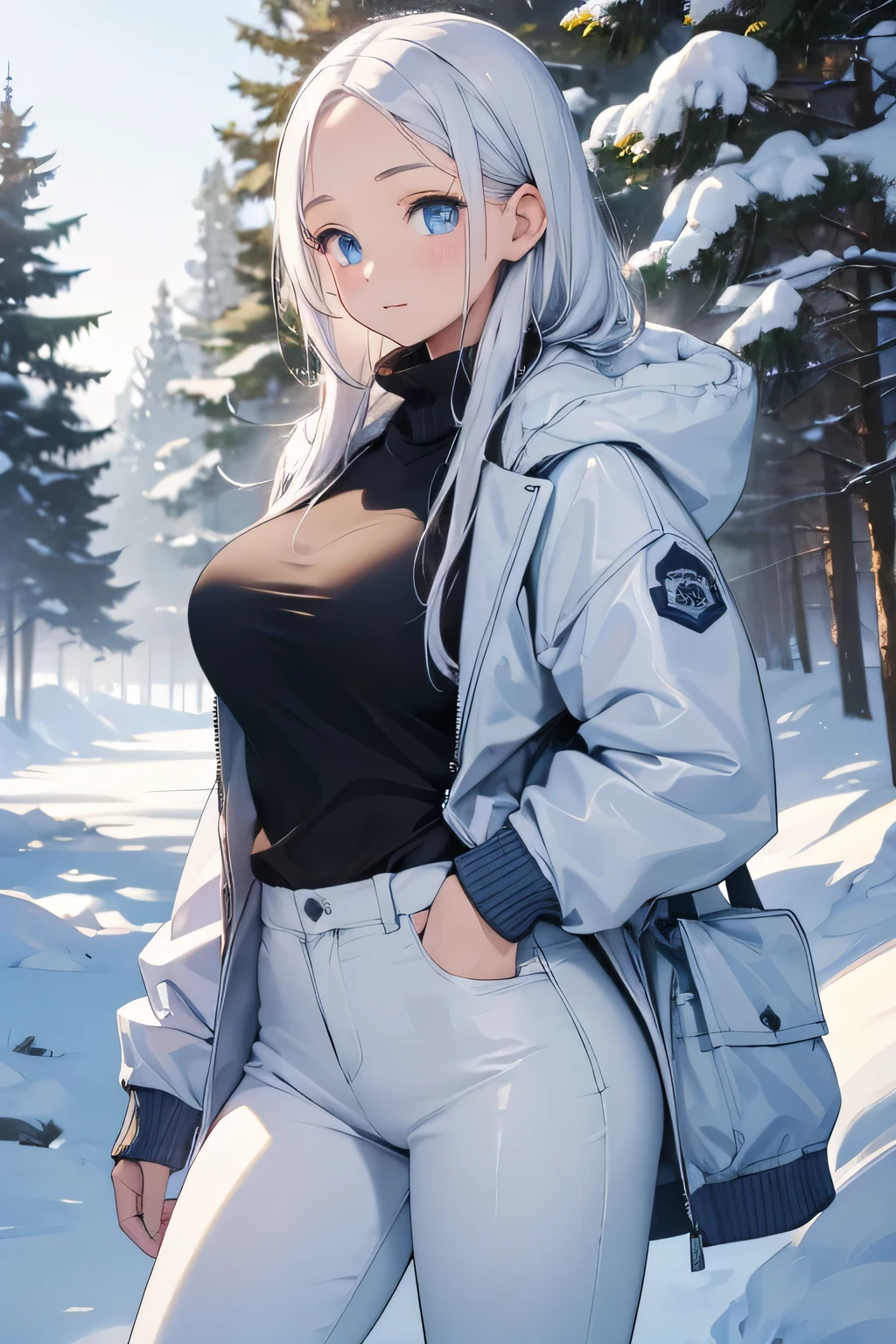 1 girl, single girl, cute, long white hair, light blue eyes, big breasts, big hips, cold jacket, fluffy winter jacket, fluffy turtleneck sweater, blue winter pants, in a forest with snow, snowy, snow