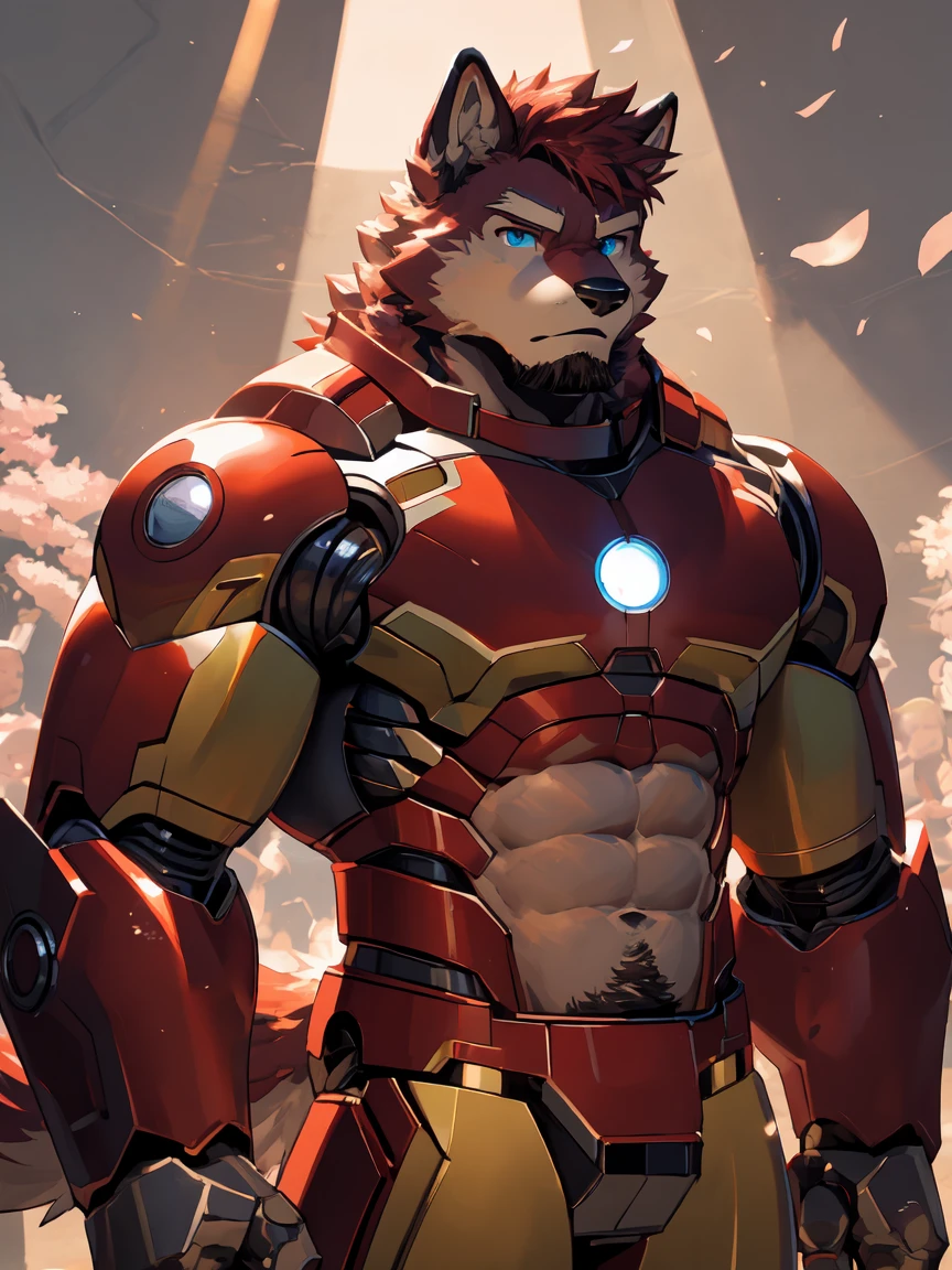 masterpiece, best quality, 8k resolution, Very detailed, hairy，Husky，(Red Hair)，(((Red fur)))，(((Blue eyes)))，Strong，Domineering face，(((Wear Iron Man Mecha Mark Series)))，(((Eight-pack abs)))，(((For the audience)))，Highest quality scene，(((Solitary)))，solitary，Upright，portrait，Doubtful，((Cherry tree))，((Sunlight))，((Shiny fur))，((Face-to-face))，(((Eyes on me)))