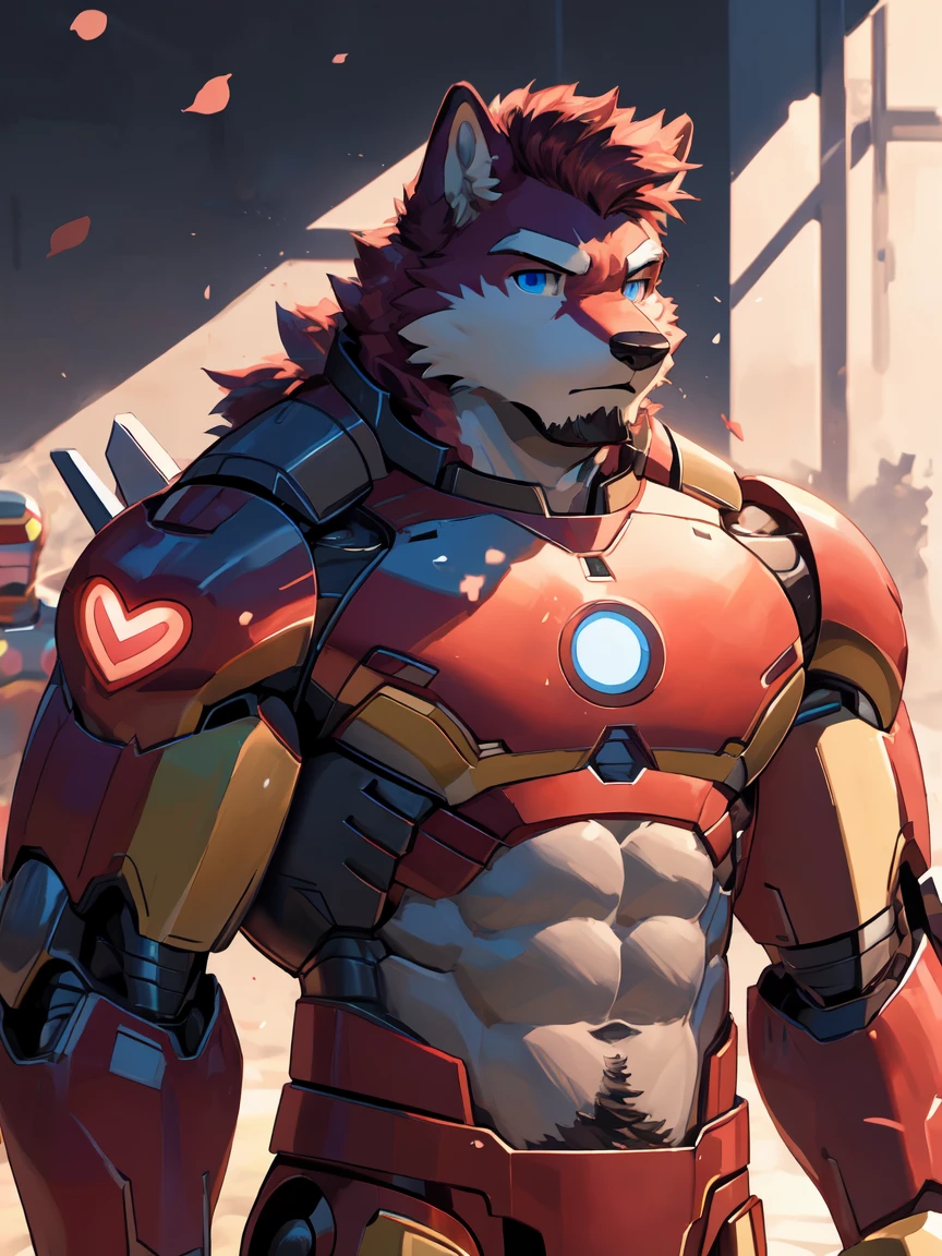 masterpiece, best quality, 8k resolution, Very detailed, hairy，Husky，(Red Hair)，(((Red fur)))，(((Blue eyes)))，Strong，Domineering face，(((Wear Iron Man Mecha Mark Series)))，(((Eight-pack abs)))，(((For the audience)))，Highest quality scene，(((Solitary)))，solitary，Upright，portrait，Doubtful，((Cherry tree))，((Sunlight))，((Shiny fur))，((Face-to-face))，(((Eyes on me)))