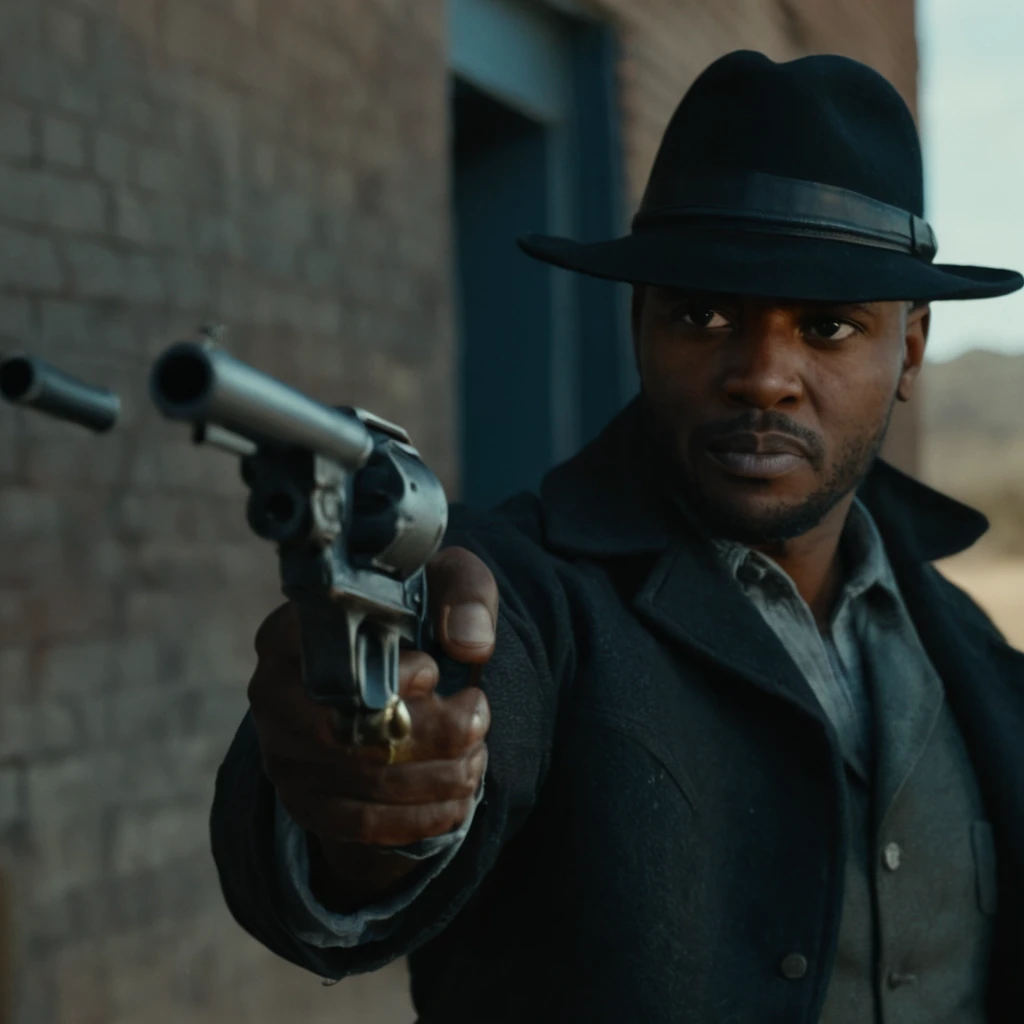 cinematic film still of an African American man in a hat with a prosthetic gun shooting a man's head, extremely detailed, 8k, high quality, photorealistic, dramatic lighting, intense action scene, intense emotion, cinematic composition, gritty urban setting, realistic textures, dramatic shadows, intense colors, film grain, depth of field, dramatic angles, full body