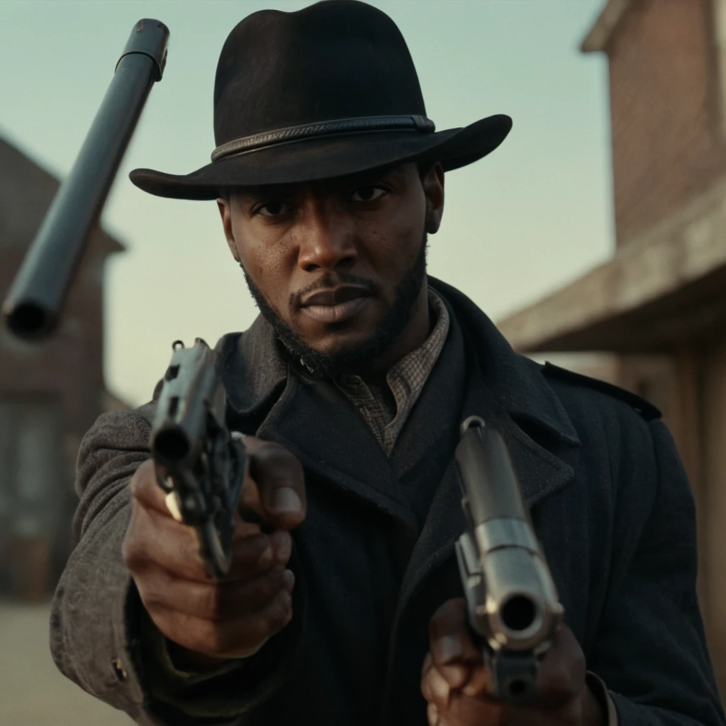 cinematic film still of an African American man in a hat with a prosthetic gun shooting a man's head, extremely detailed, 8k, high quality, photorealistic, dramatic lighting, intense action scene, intense emotion, cinematic composition, gritty urban setting, realistic textures, dramatic shadows, intense colors, film grain, depth of field, dramatic angles, full body