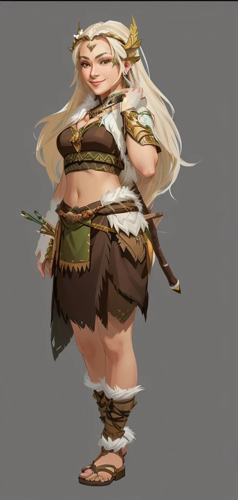 Close-up of a woman in tribal clothing,Tribe Princess， Happy smile，role playing game (RPG) concept art character, Created by senior character artists, forest hunter lady, Beautiful full body concept art, kushatkrentz women in critical art, Character Design Art, Fantasy character design, role playing game角色艺术, Fantasy Character Art, female forest archer, Detailed full body concept art, Detailed character art，Realistic style