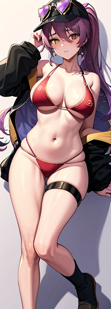 houshouBikini, heterochromia, red eyes, yellow eyes, ponytail, long purple hair, jewelry, baseball cap, sunglasses, eyewear on headwear, black jacket, open jacket, red bikini, string bikini, o-ring thigh strap,look at viewer,lewd face,big breast,dakimakura