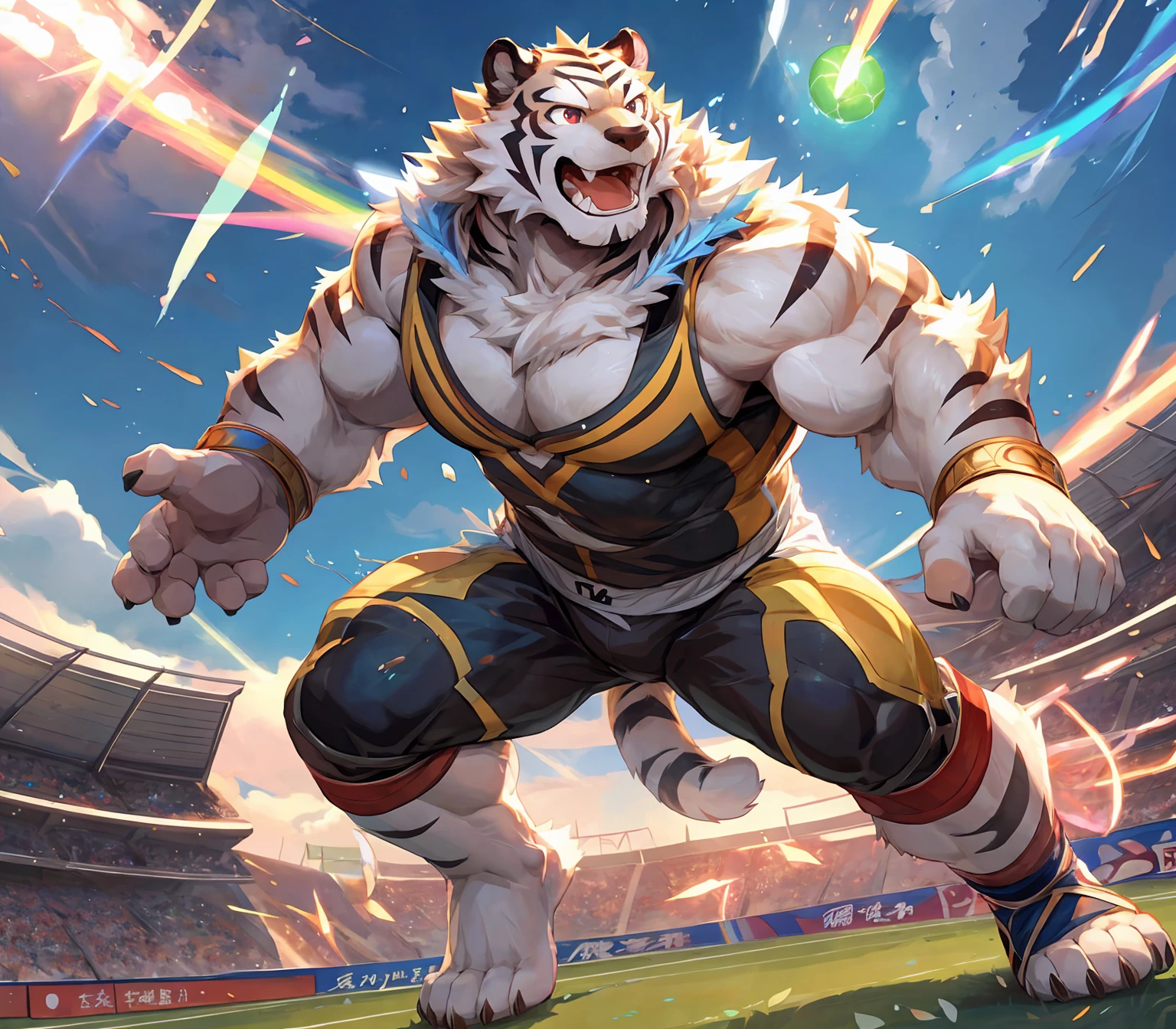 a muscular male white tiger with fluffy fur, extremely detailed eyes and face, playing soccer on a sports field, wearing athletic clothes, happy expression, rainbow sparks, glowing orbs, high quality, detailed, japanese anime style, by null-ghost, through pino de aenean