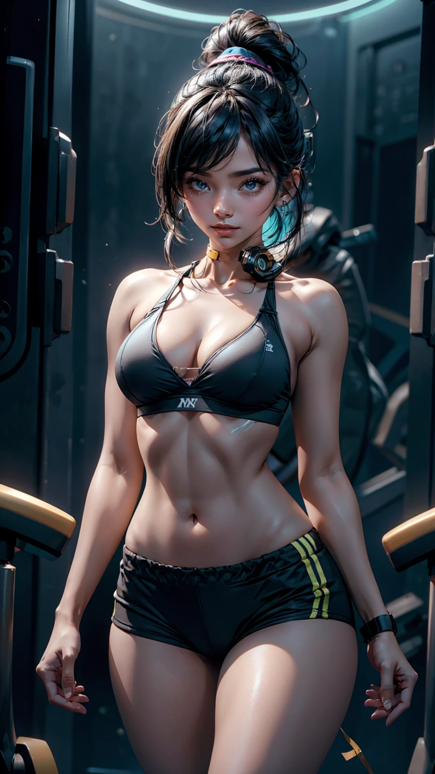 a indian woman in a gym, girl wearing headphones, smiley face happiness on face, beautiful woman body, asian female, sport bra and shirt, fitness model, attractive sporty physique, wearing headset, beautiful sexy woman photo, mai anh tran, twitch streamer, wearing a headset, gym, very sexy woman with black hair, headphones on head, beautiful shape of face and body, headphones on