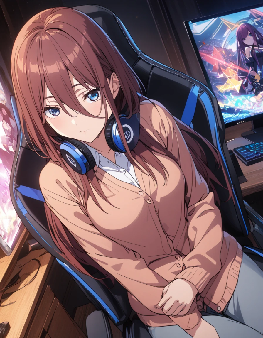 (A girl lounging in her bedroom), (a PC monitor turned on, a gaming chair), (a cluttered room), (fetal position), (perfect face), Sparkling, (masterpiece, best quality), (absurdres absolutely resolution), (8k), (detailed illustration), (super fine illustration), (professional lighting), (vivid color), detailed beatiful face, detailed beatiful eyes, detailed beatiful hair, perfect body, perfect hands, dynamic pose, dutch angle}, , looking at viewer, miku nakano, long hair, bangs, blue eyes, brown hair, shirt, hair between eyes, cardigan, headphones around neck, mature female, medium breasts